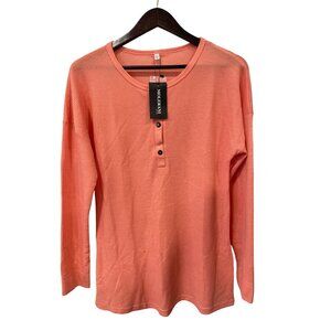 Molerani Waffle Knit Henley Top Size Large Thermal Long Sleeve Coral Orange NEW